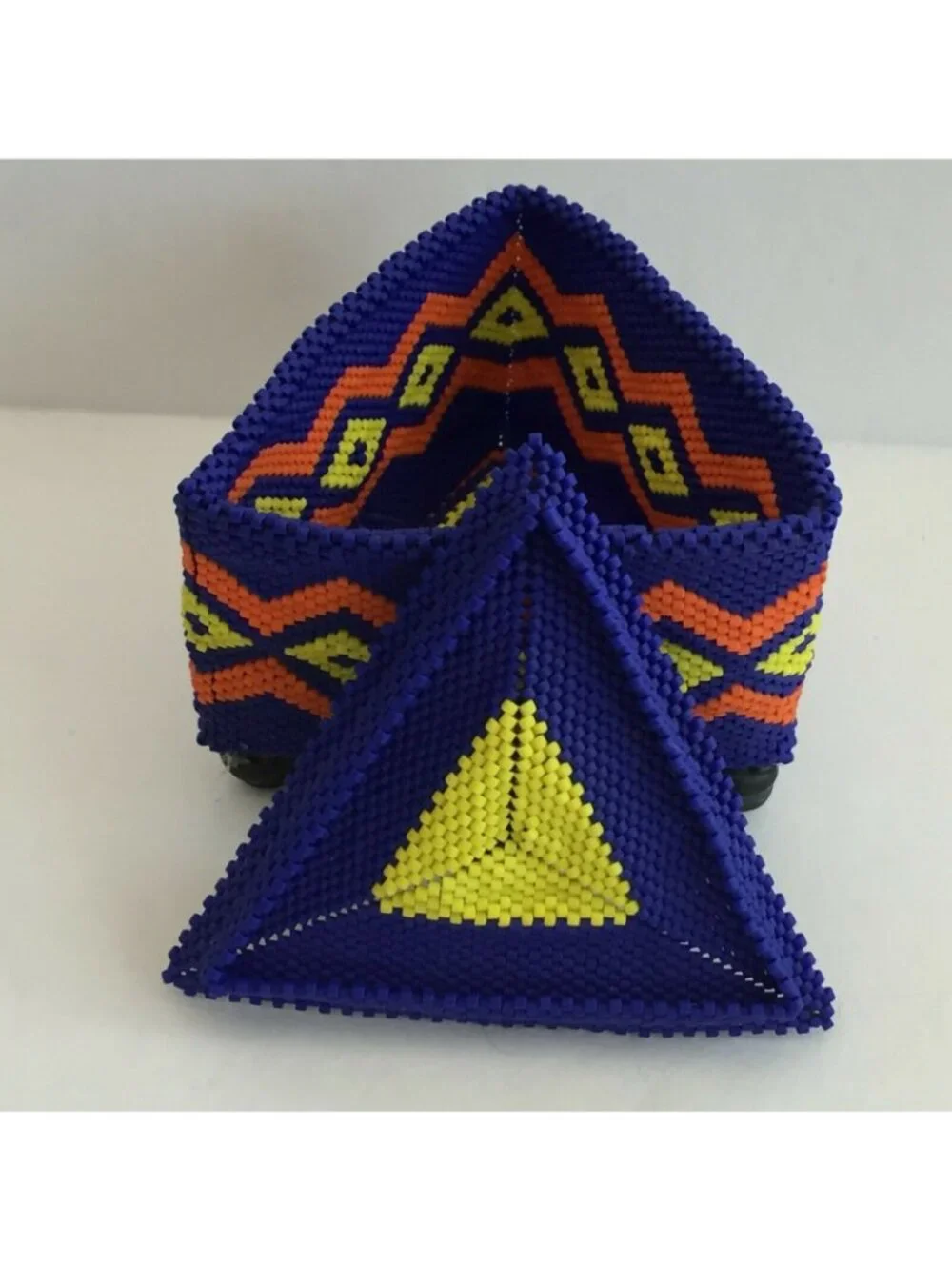 Handmade Beaded Small Box Royal Blue Orange Yellow Tribal Tchotchke